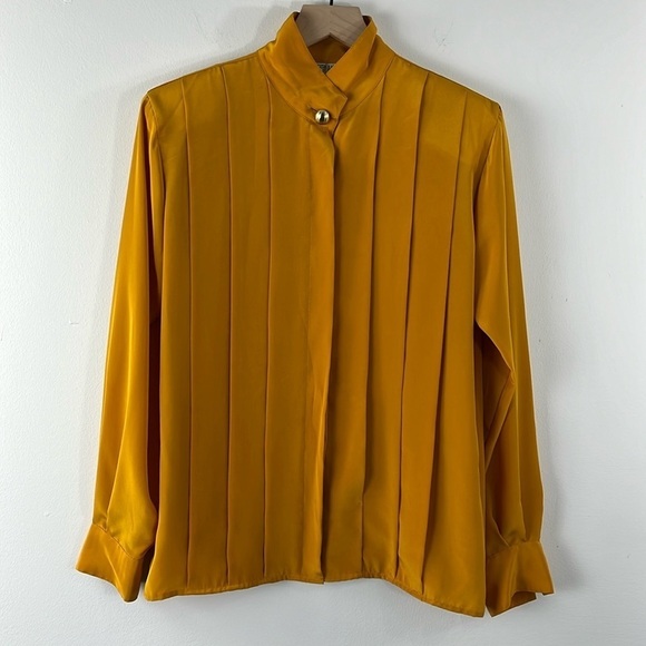 Anne Klein Vintage Yellow Pleated Polyester Long Sleeve Blouse Top Womens Size 6 - Picture 1 of 10